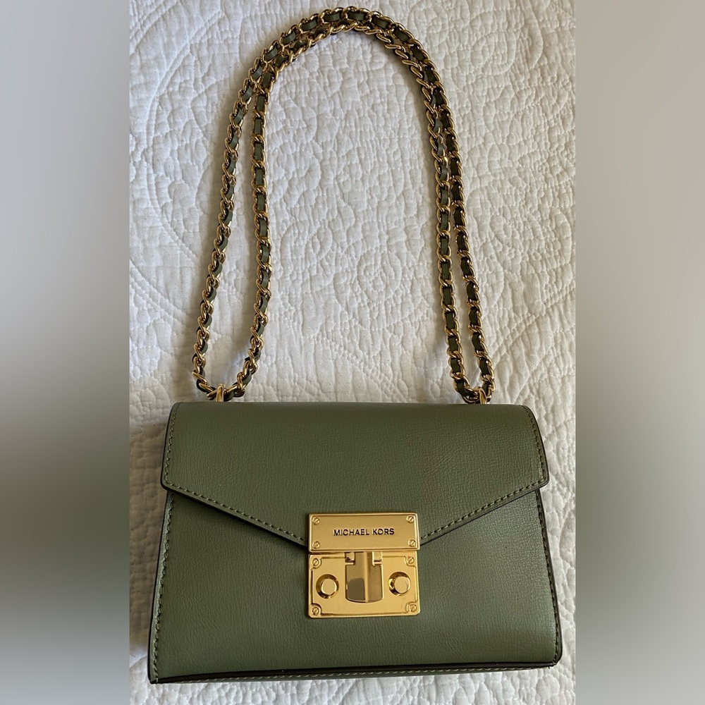 Michael Kors Rose Crossbody in Army Green SM leather bag with gold metal lock
